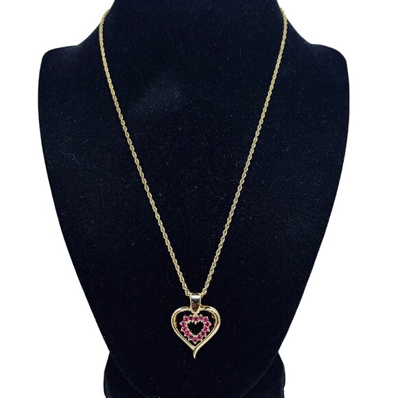 Gold Tone Rope Chain Necklace With Red Rhinestone Heart Pendant (817) - Picture 1 of 4